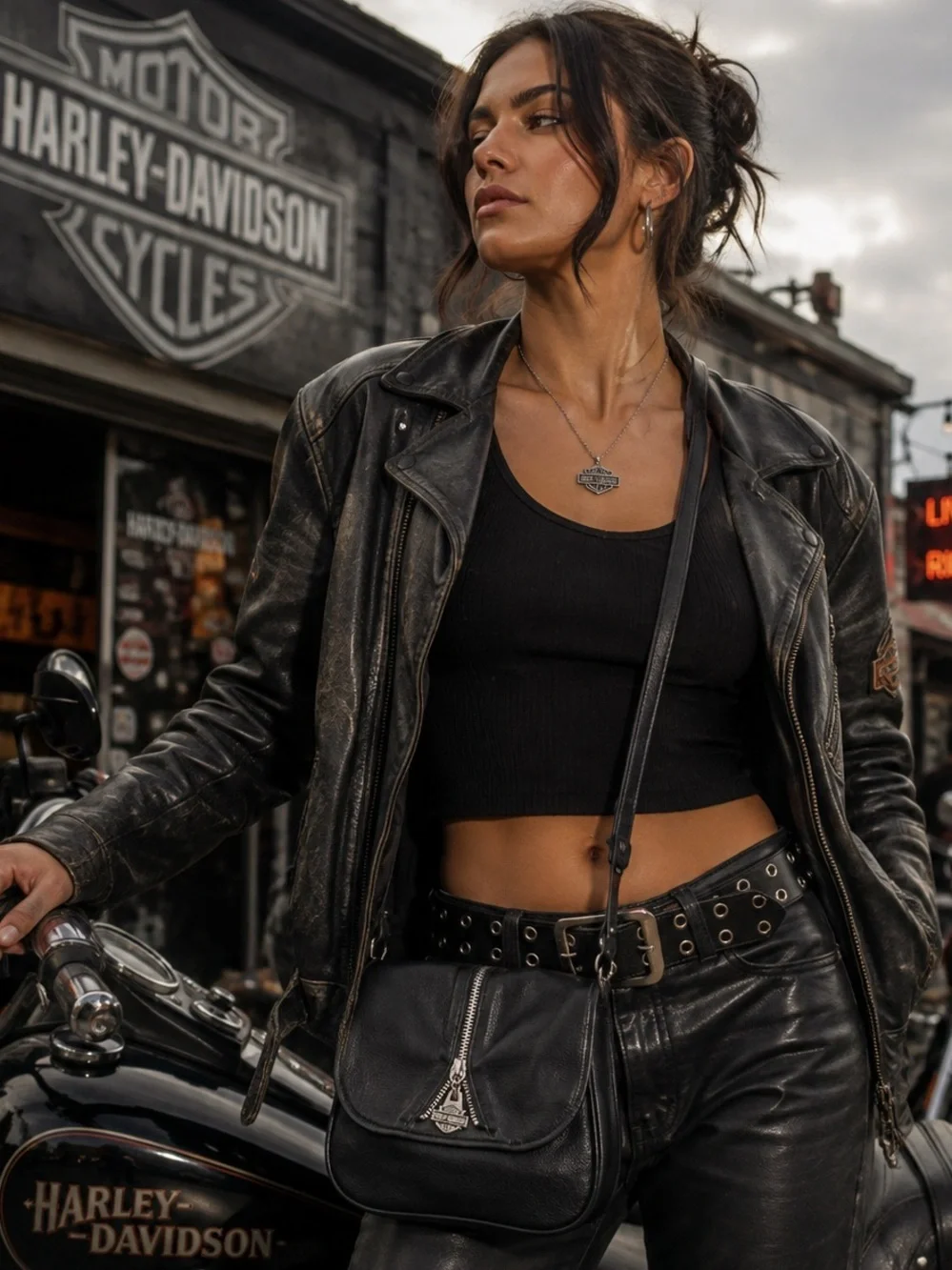 Harley-Davidson Black Leather Crossbody Bag Adjustable Strap Silver Bar & Shield